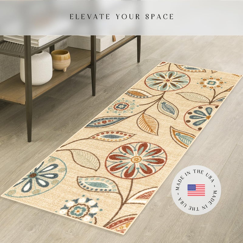 Maples Rugs Reggie Floral Runner Rug - Made in USA - Washable, Non Slip Indoor Carpet for Kitchen, Hallway, and Laundry Room, 1'8 x 5, Beige - Image 2